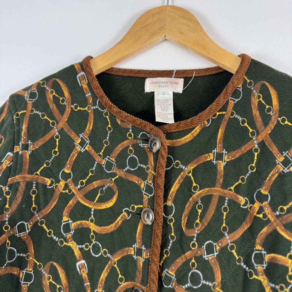 VTG! Jones New York Sport Quilted Jacket S Equestrian Belt Print Green Brown - Picture 10 of 12